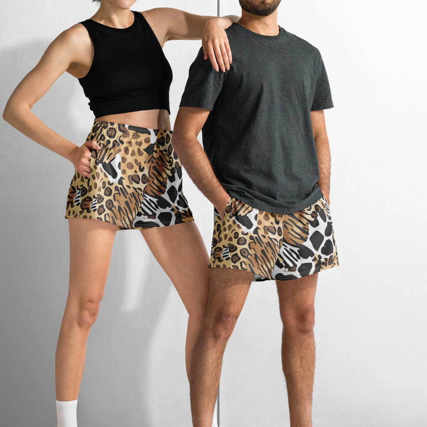 Animals Camouflage tech shorts inspired by MGS, featuring wild animal prints for a dynamic tactical look.