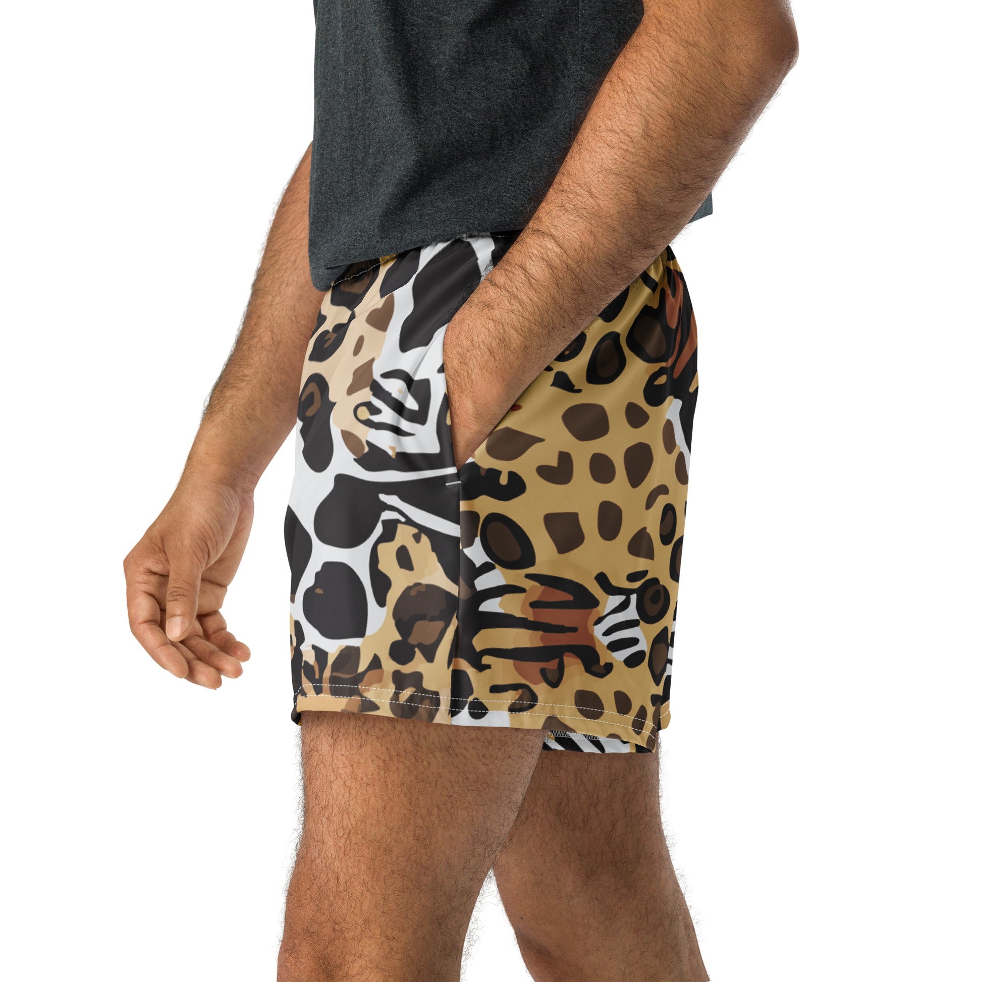 Animals Camouflage tech shorts inspired by MGS, featuring wild animal prints for a dynamic tactical look.