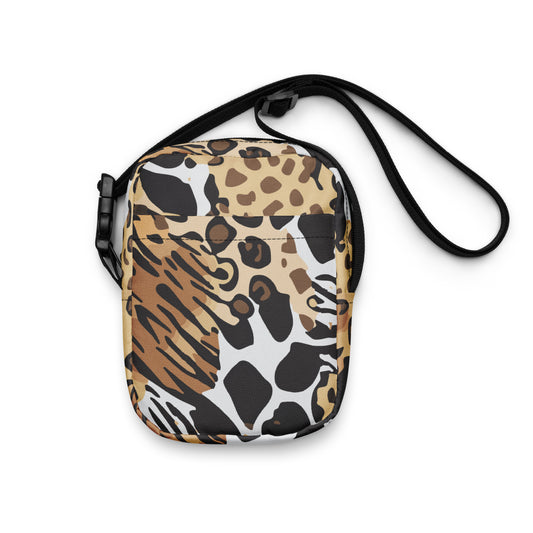 Animals Camouflage crossbody bag inspired by MGS, featuring zebra, jaguar, tiger, and giraffe prints for stealthy carry.