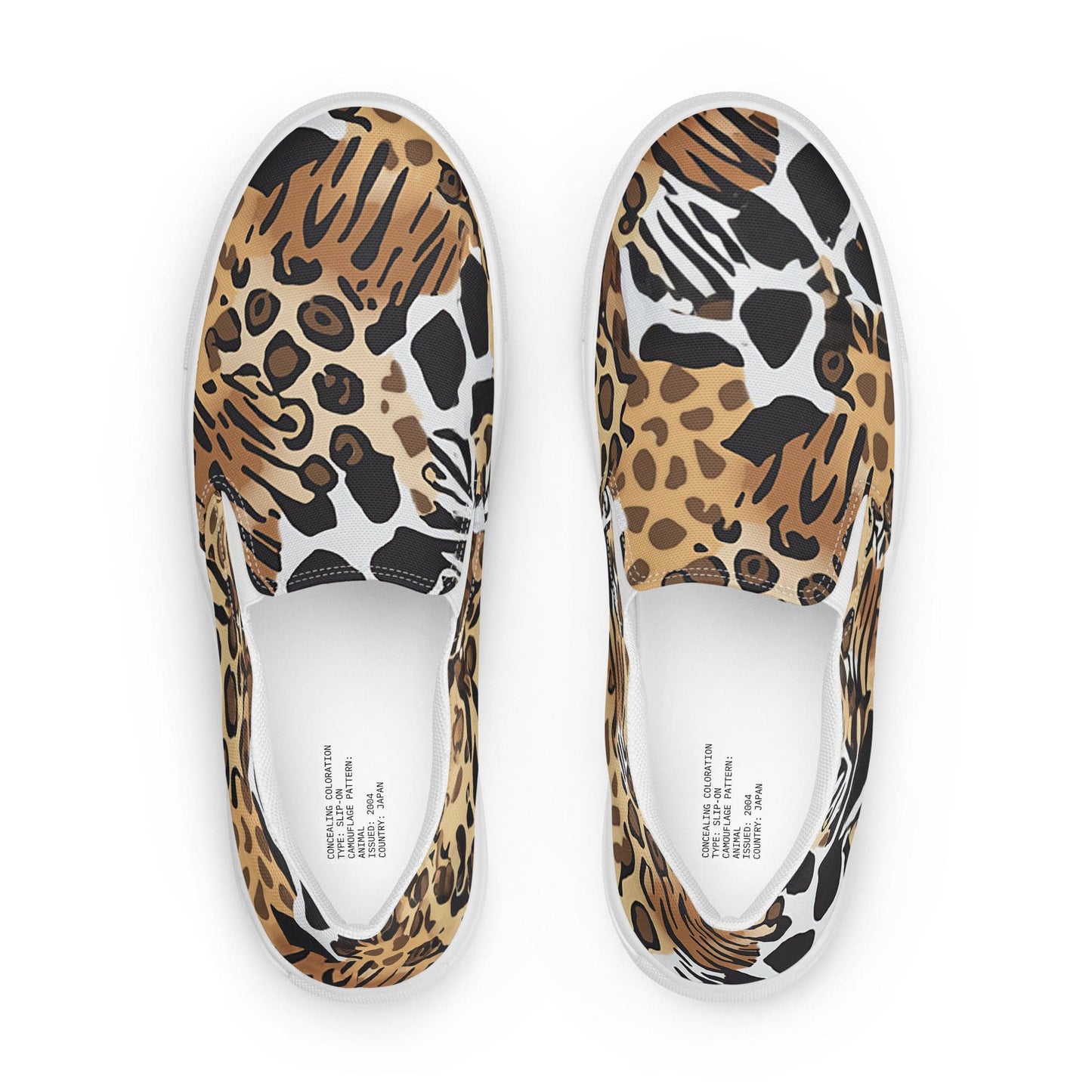 Animals Camouflage slip-on sneakers inspired by MGS, featuring a mix of wild animal prints for a distinctive tactical aesthetic.