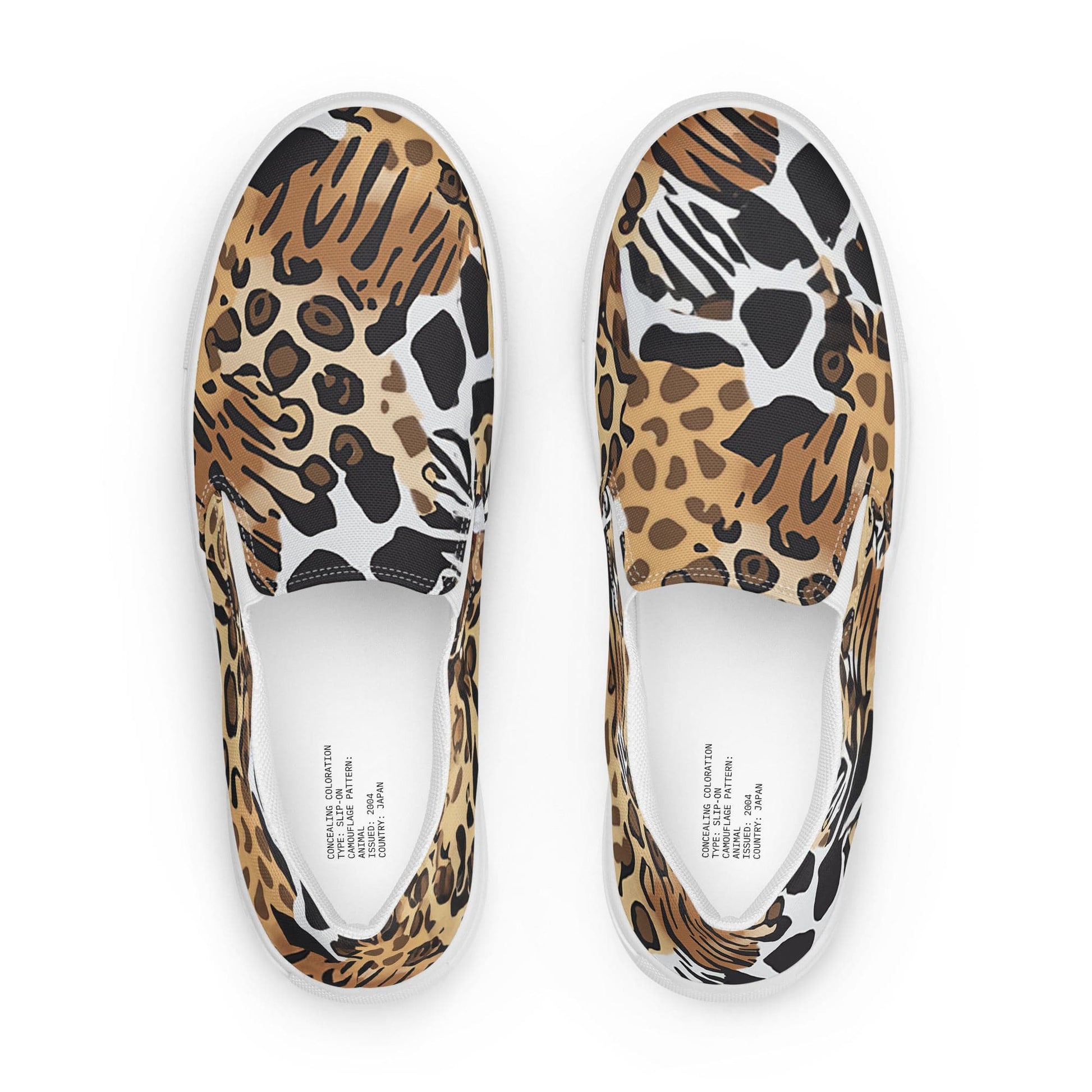 Animals Camouflage slip-on sneakers inspired by MGS, featuring a mix of wild animal prints for a distinctive tactical aesthetic.