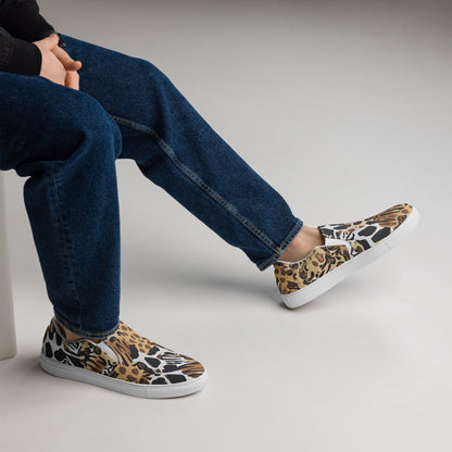 Animals Camouflage slip-on sneakers inspired by MGS, featuring a mix of wild animal prints for a distinctive tactical aesthetic.