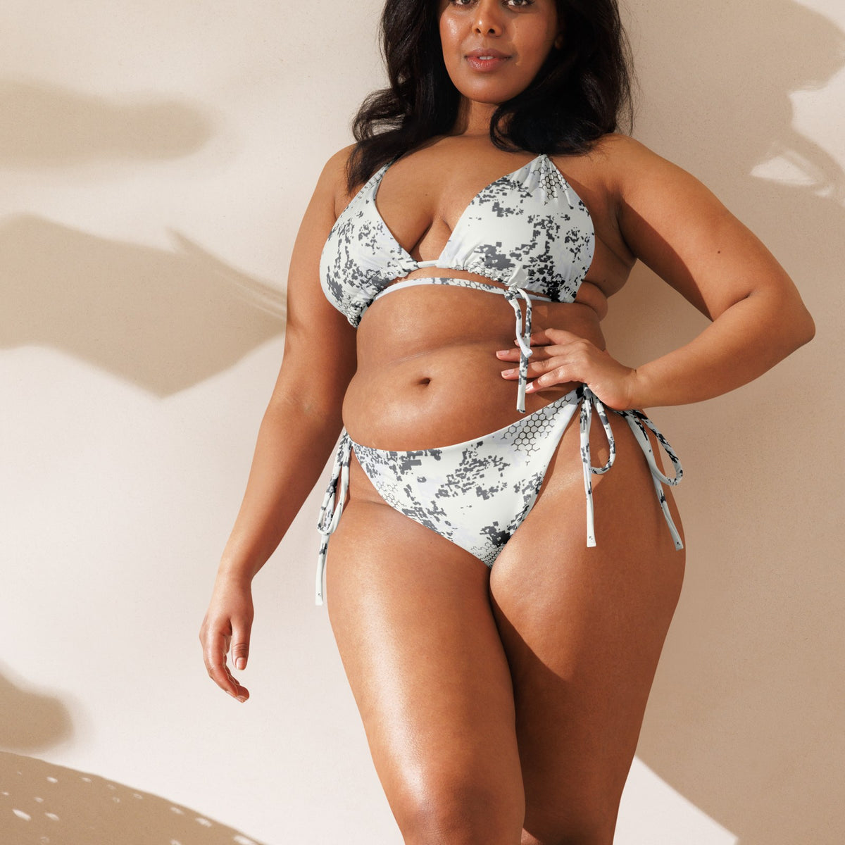 BlindTech Snow Camo String Bikini Set on-model view, square crop below eyes — gallery view 10 [white-model-crop]