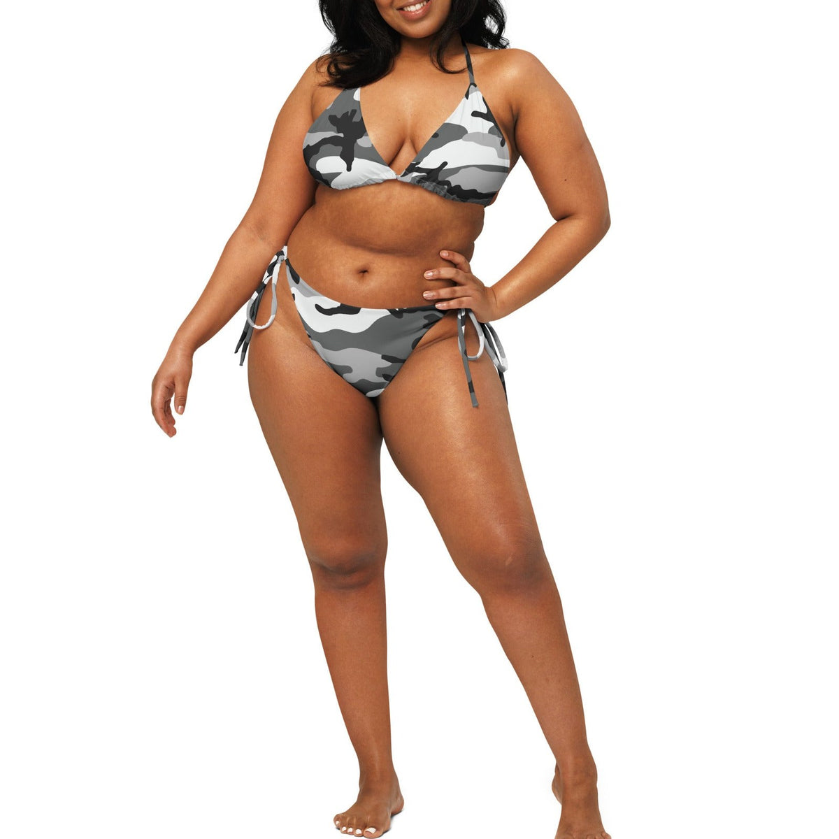 M81 Urban Camo String Bikini Set on-model view, square crop below eyes — gallery view 07 [white-model-crop]