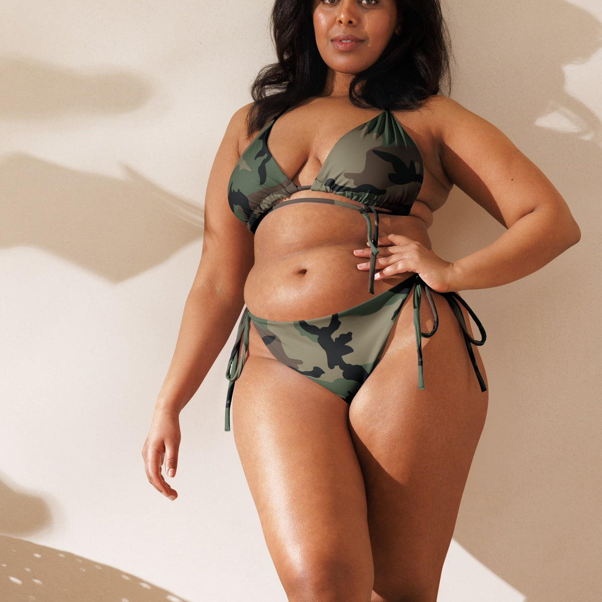 M81 Woodland Camo String Bikini Set on-model view, square crop below eyes — gallery view 14 [white-model-crop]