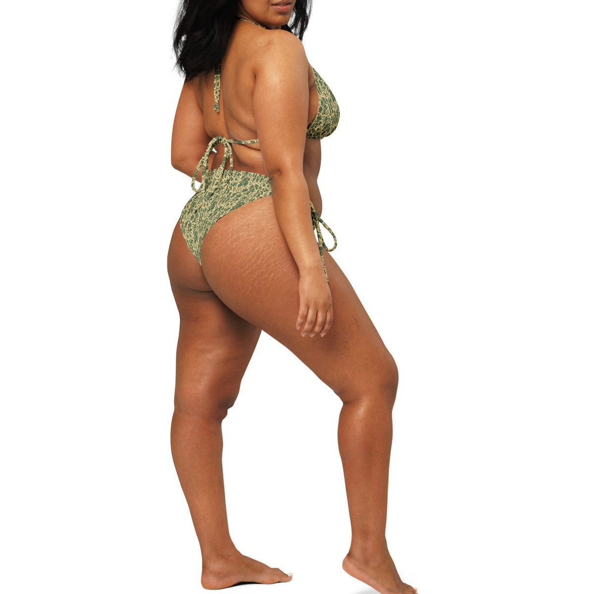 Pietruszka Camo String Bikini Set on-model view, square crop below eyes — gallery view 08 [white-model-crop]