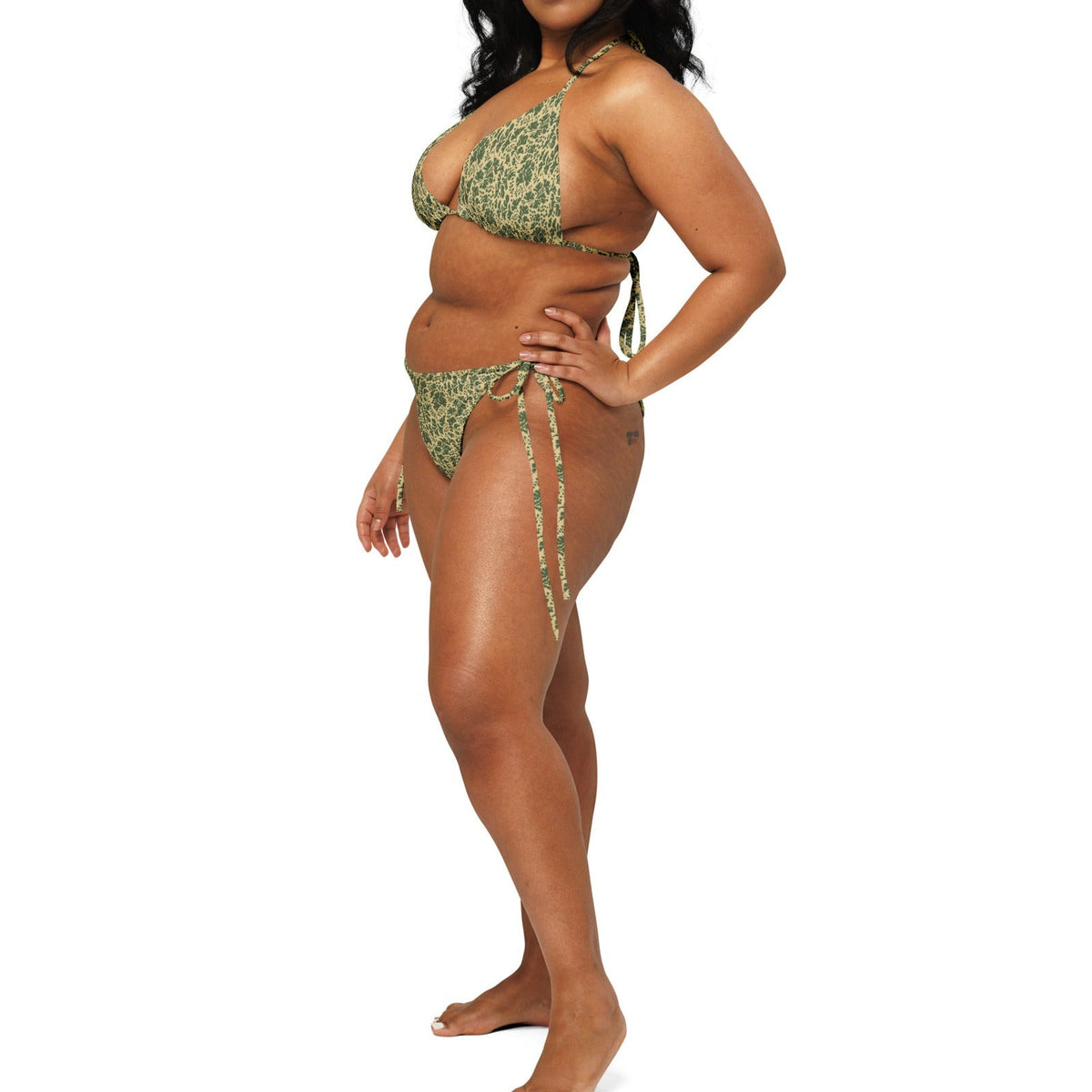 Pietruszka Camo String Bikini Set on-model view, square crop below eyes — gallery view 09 [white-model-crop]