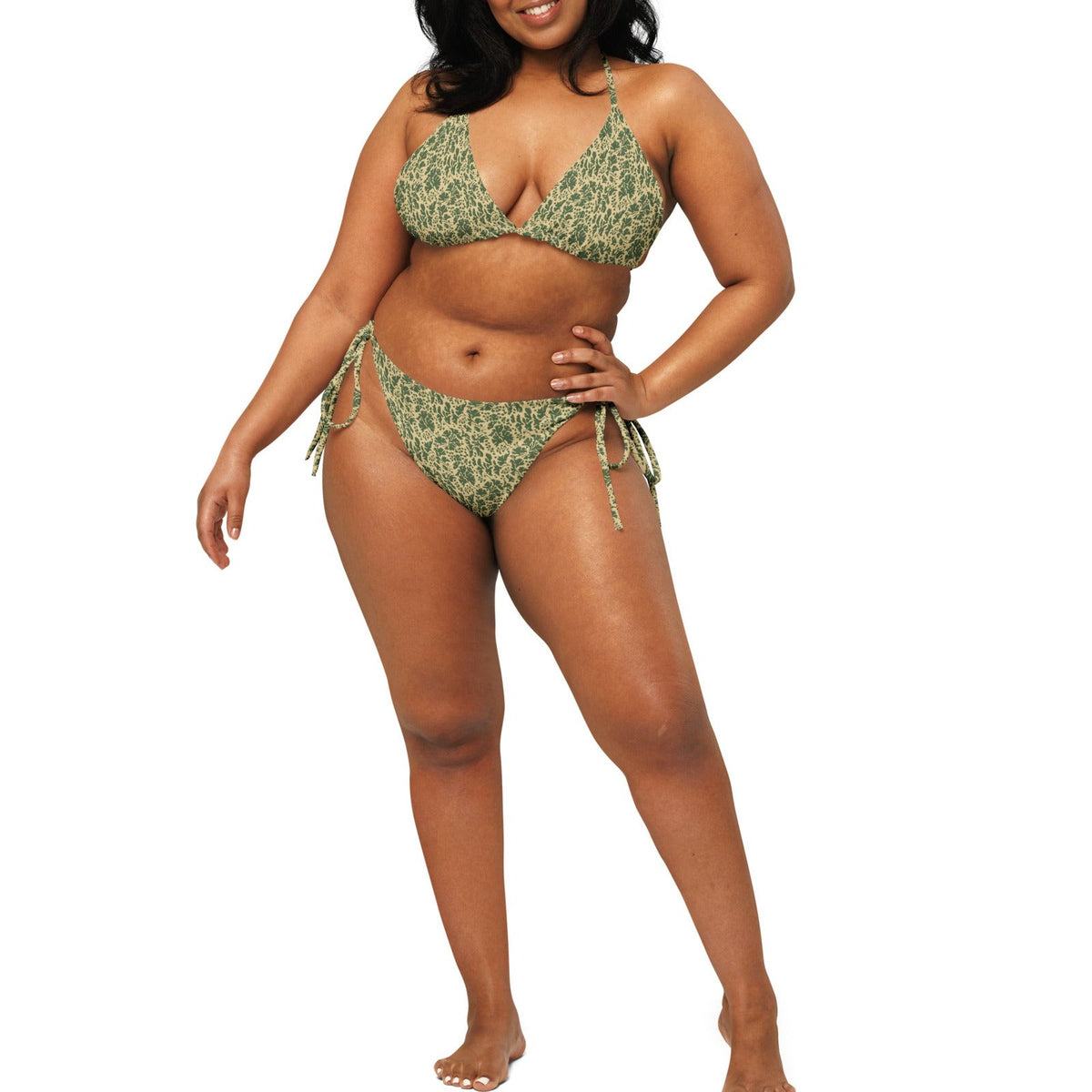 Pietruszka Camo String Bikini Set on-model view, square crop below eyes — gallery view 10 [white-model-crop]