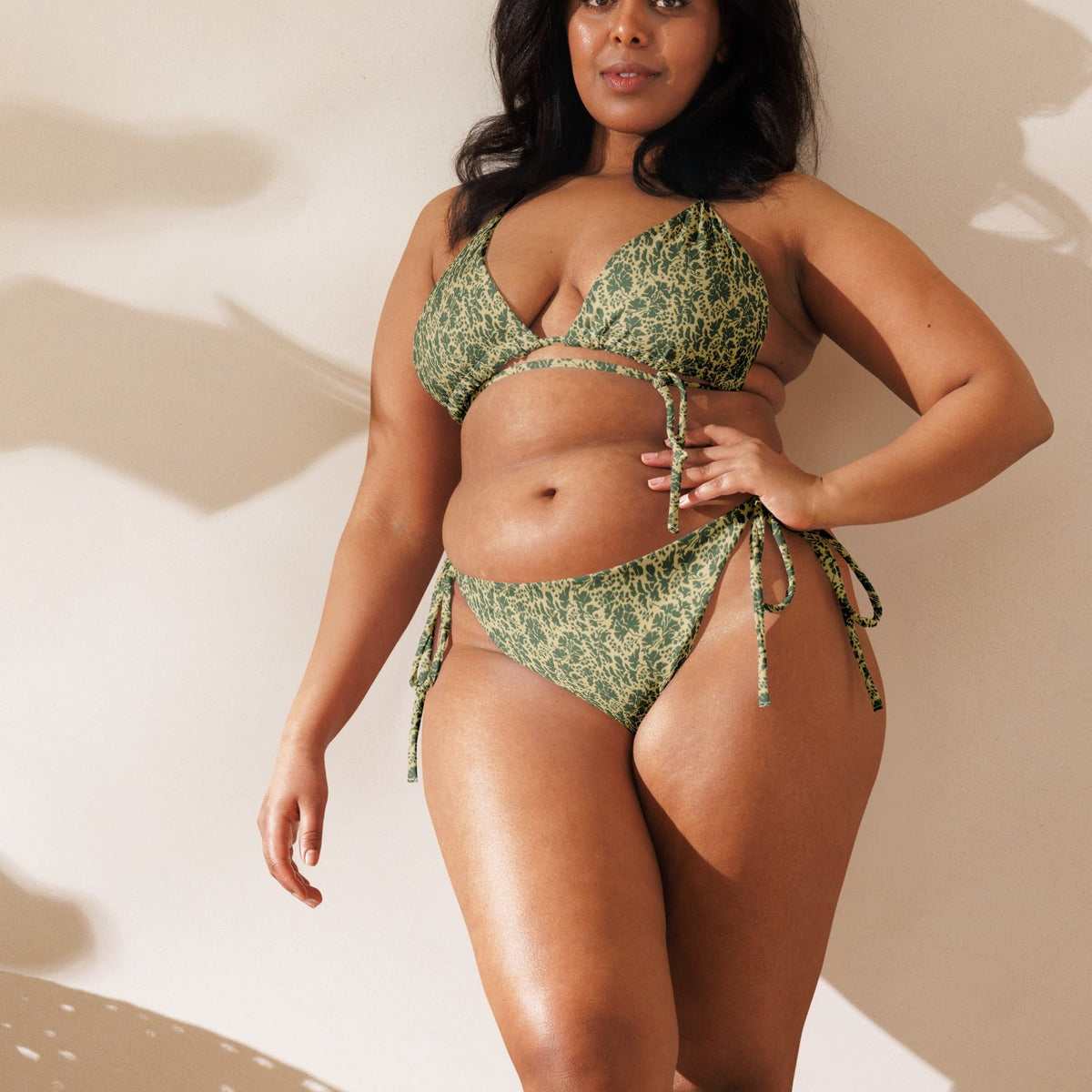 Pietruszka Camo String Bikini Set on-model view, square crop below eyes — gallery view 12 [white-model-crop]