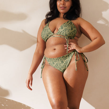 Pietruszka Camo String Bikini Set on-model view, square crop below eyes — gallery view 12 [white-model-crop]