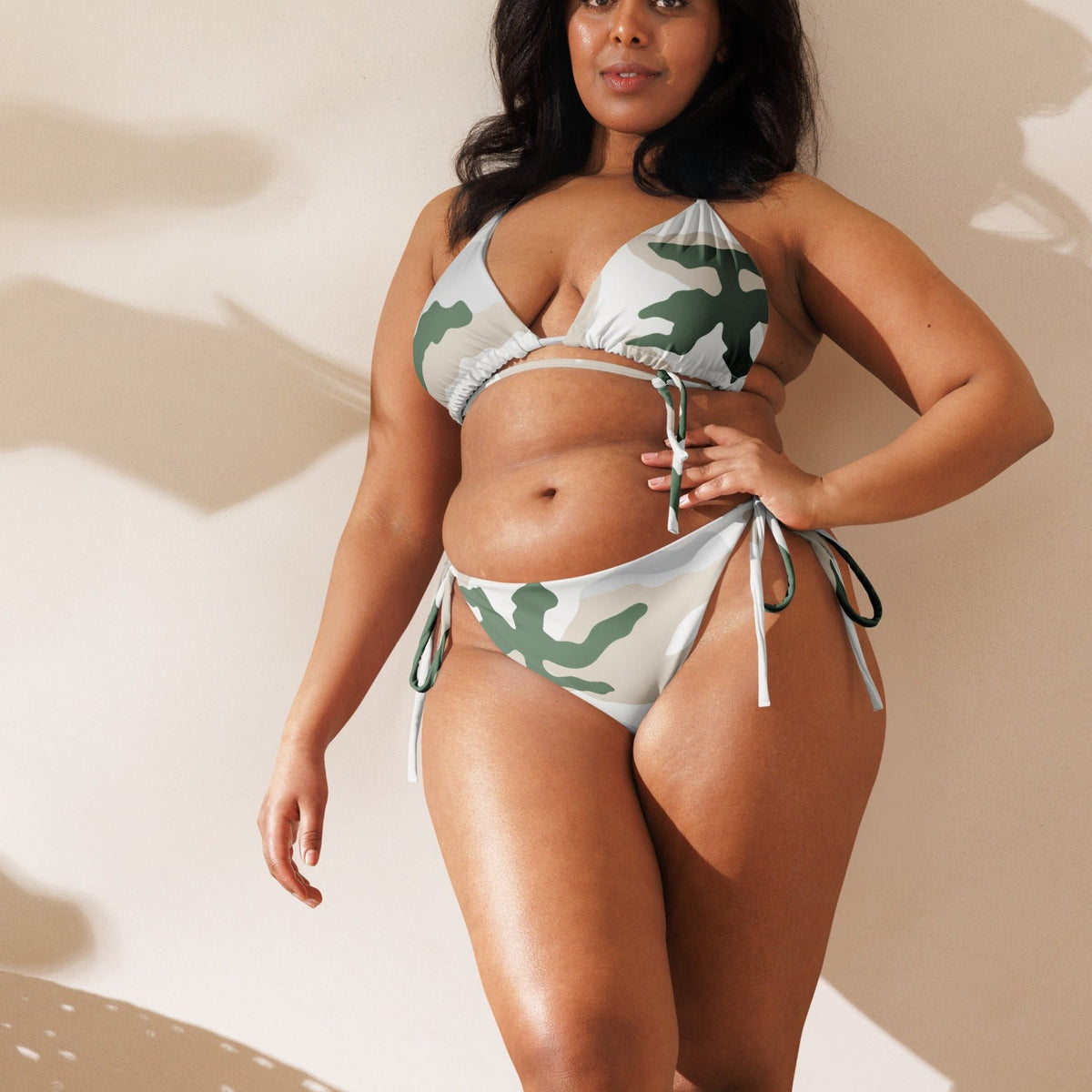 Tundra Alpine Camo String Bikini Set on-model view, square crop below eyes — gallery view 07 [white-model-crop]