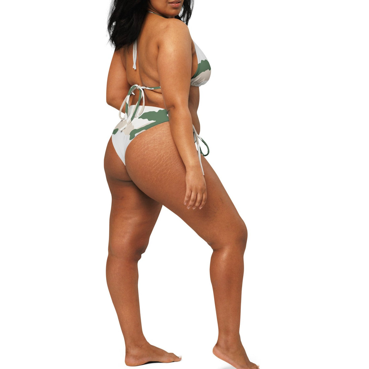 Tundra Alpine Camo String Bikini Set on-model view, square crop below eyes — gallery view 11 [white-model-crop]