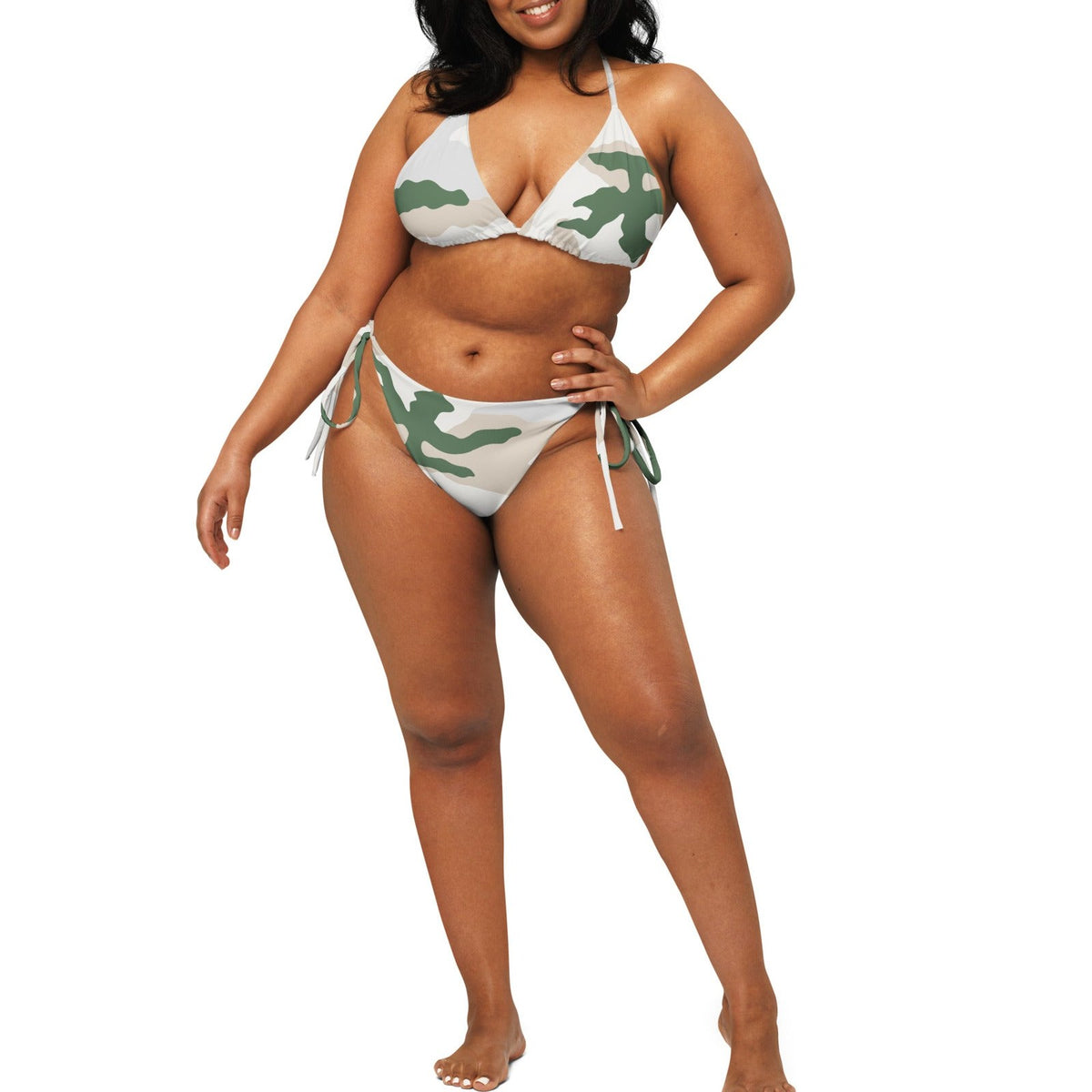 Tundra Alpine Camo String Bikini Set on-model view, square crop below eyes — gallery view 12 [white-model-crop]