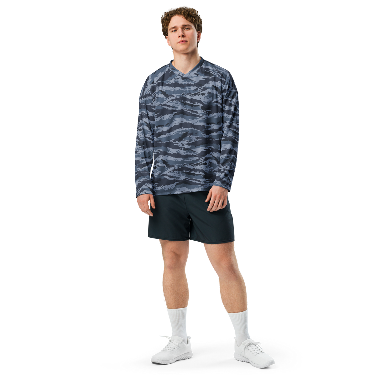 Kamysh Blue Camo Hockey Jersey, front view.