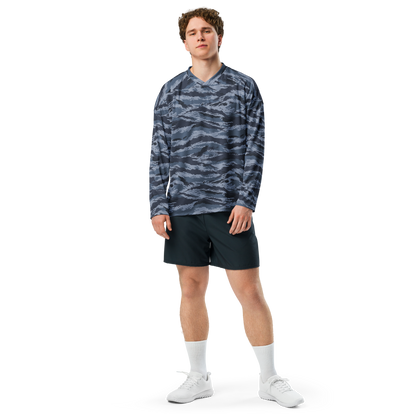 Kamysh Blue Camo Hockey Jersey, front view.