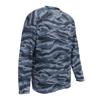 Kamysh Blue Camo Hockey Jersey, front view.