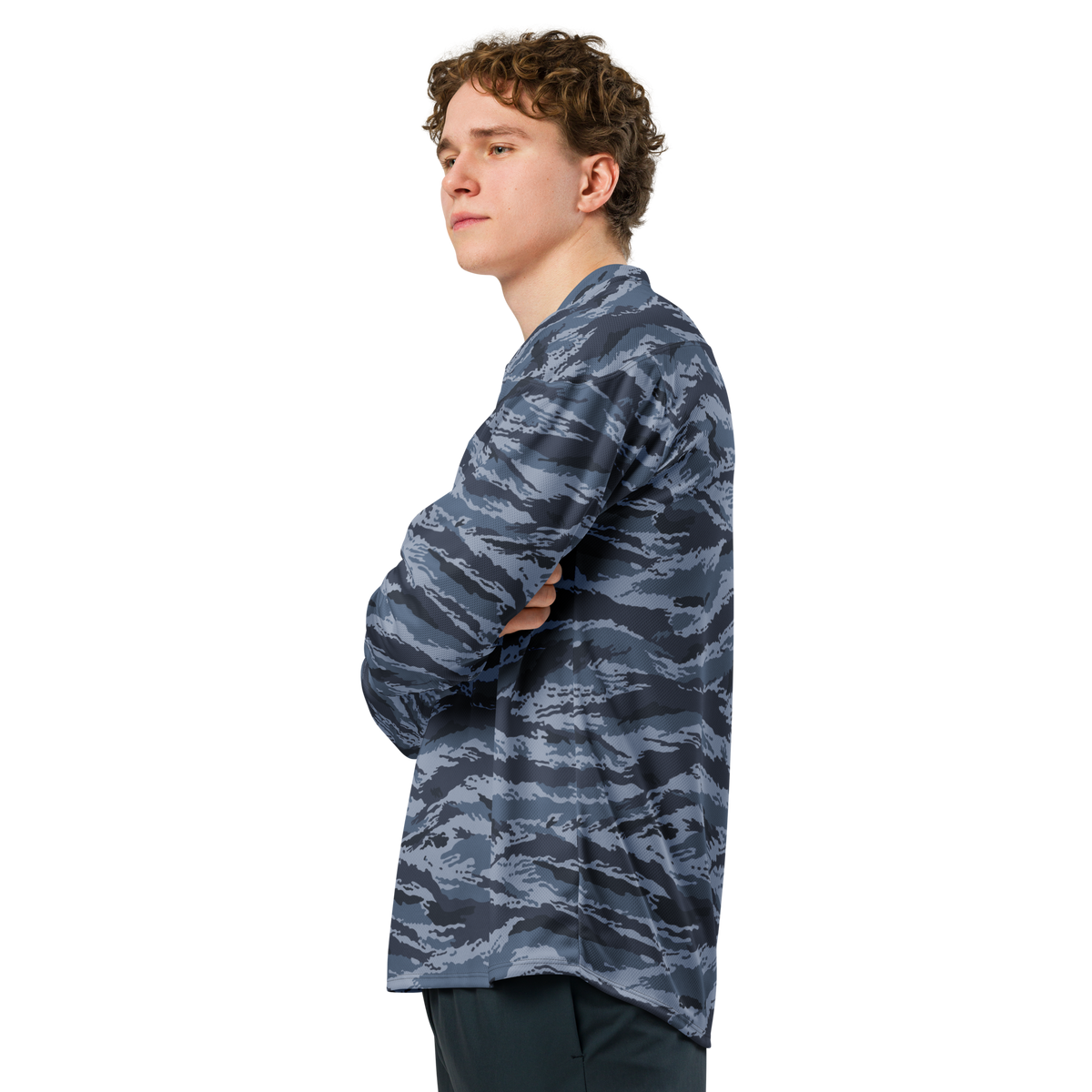 Kamysh Blue Camo Hockey Jersey, left view.