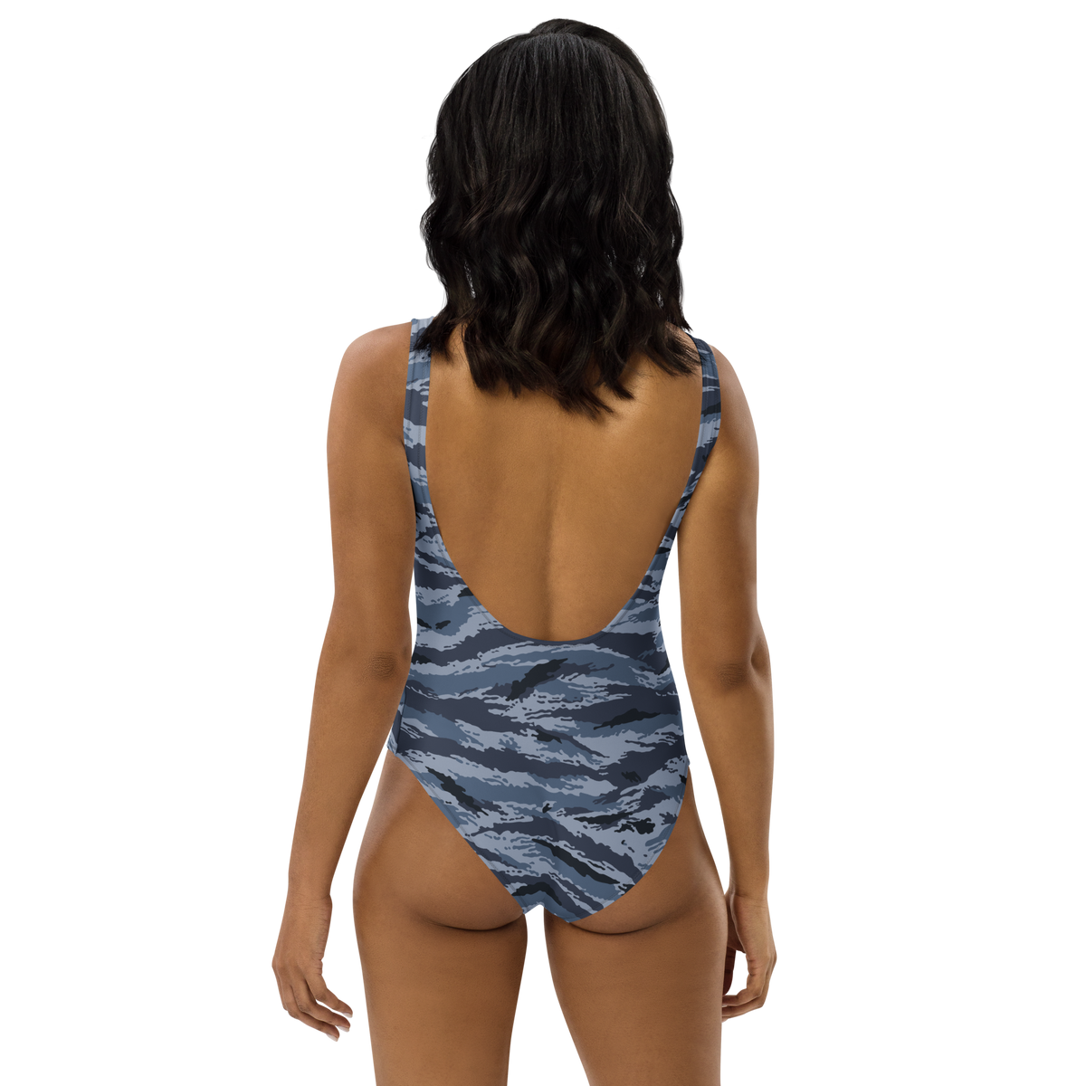 Kamysh Blue Camo One-Piece Swimsuit, back view.