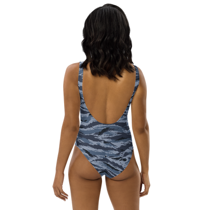 Kamysh Blue Camo One-Piece Swimsuit, back view.