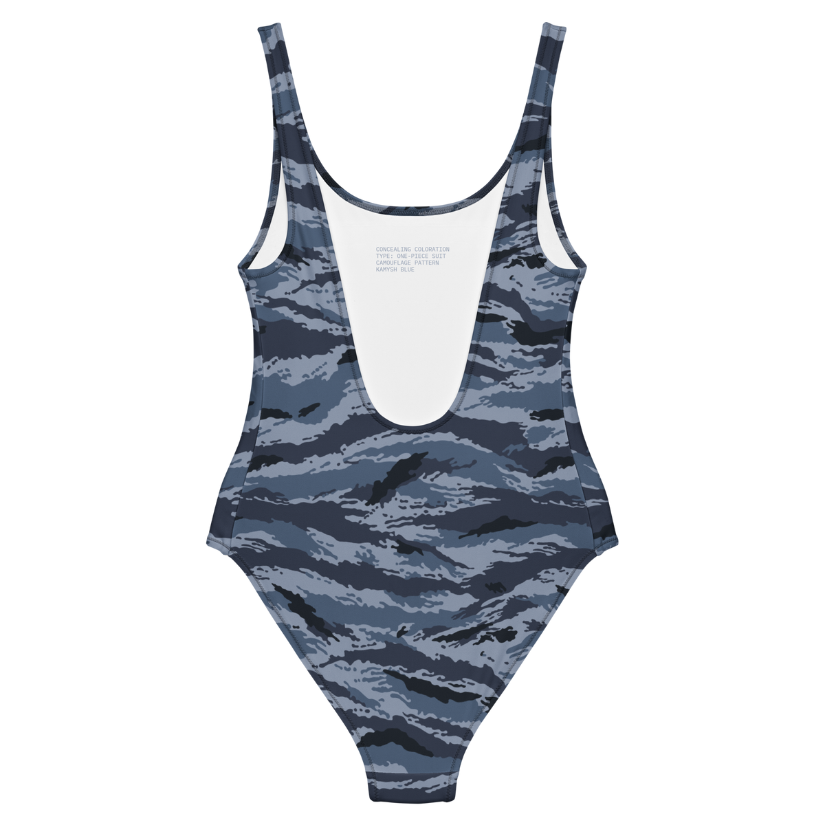 Kamysh Blue Camo One-Piece Swimsuit, back view.