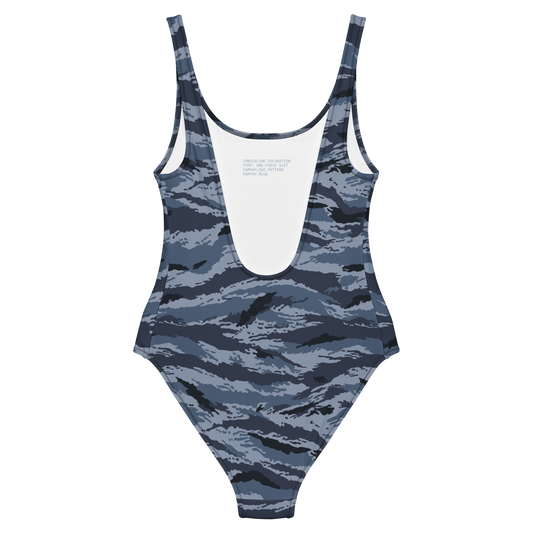 Kamysh Blue Camo One-Piece Swimsuit, back view.