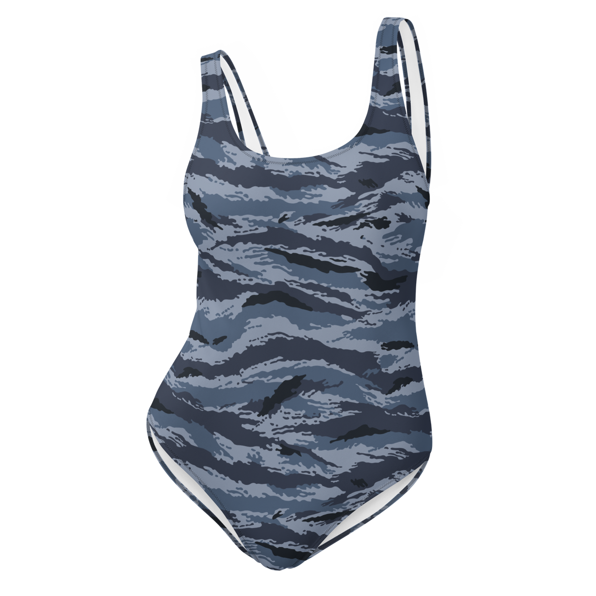 Kamysh Blue Camo One-Piece Swimsuit, front view.