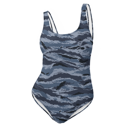 Kamysh Blue Camo One-Piece Swimsuit, front view.