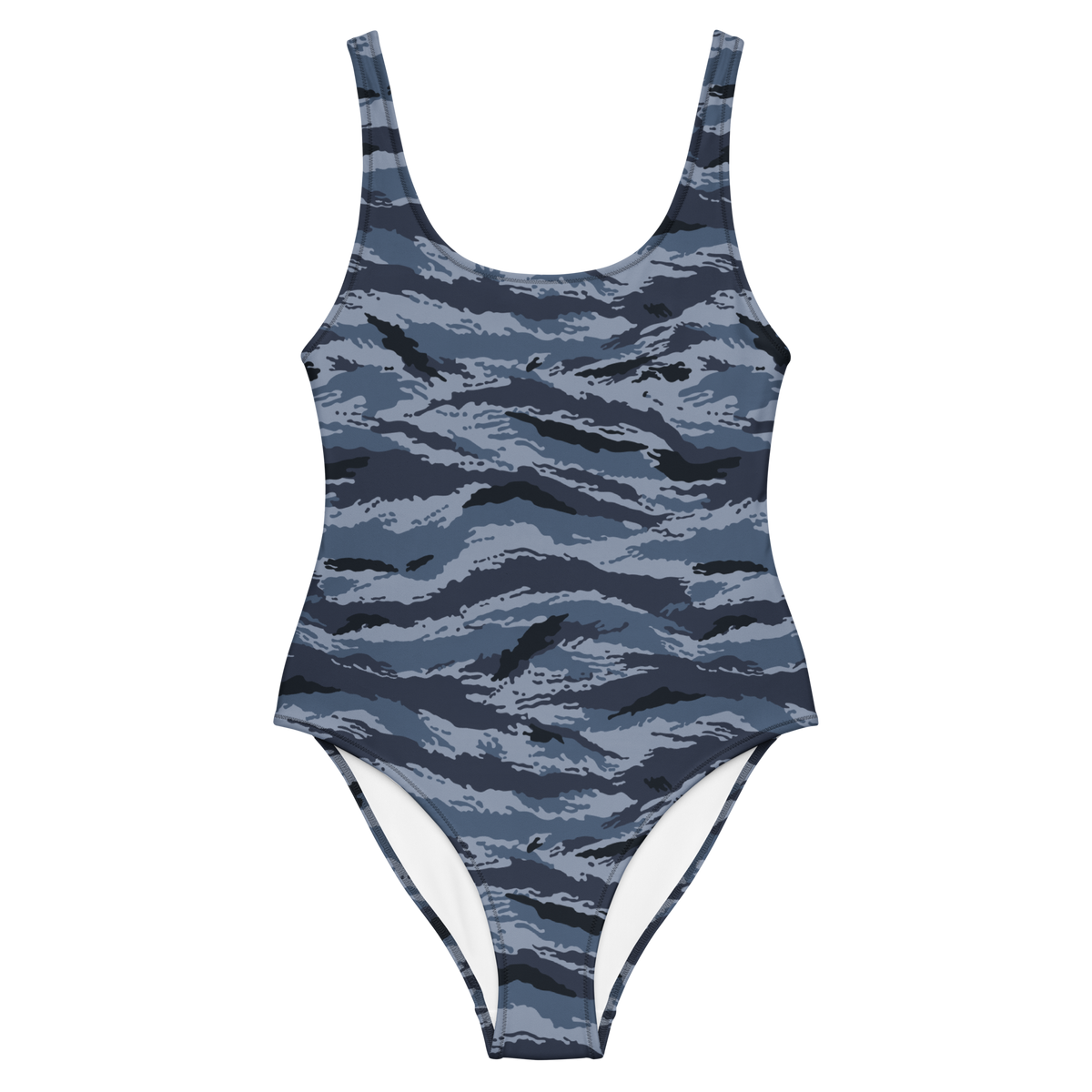 Kamysh Blue Camo One-Piece Swimsuit, front view.