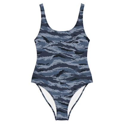 Kamysh Blue Camo One-Piece Swimsuit, front view.