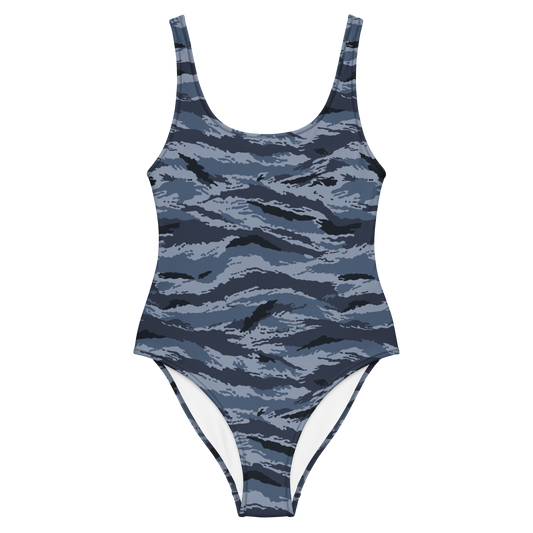 Kamysh Blue Camo One-Piece Swimsuit, front view.