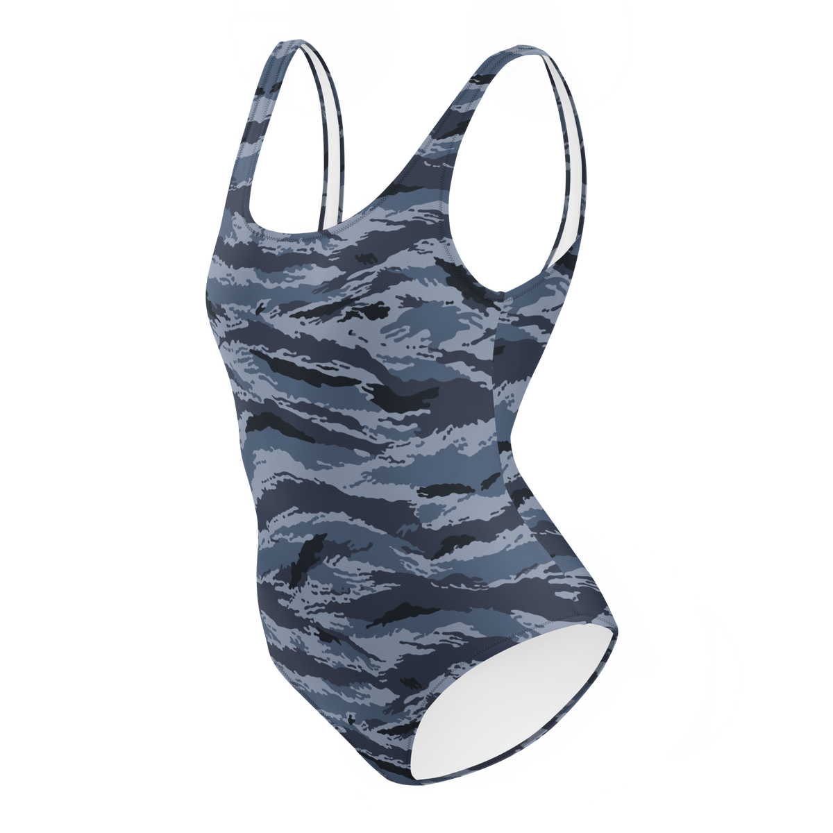 Kamysh Blue Camo One-Piece Swimsuit, left view.