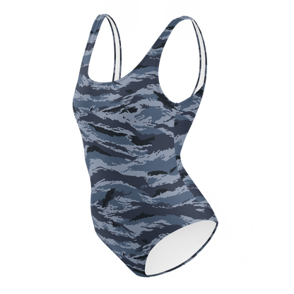Kamysh Blue Camo One-Piece Swimsuit, left view.