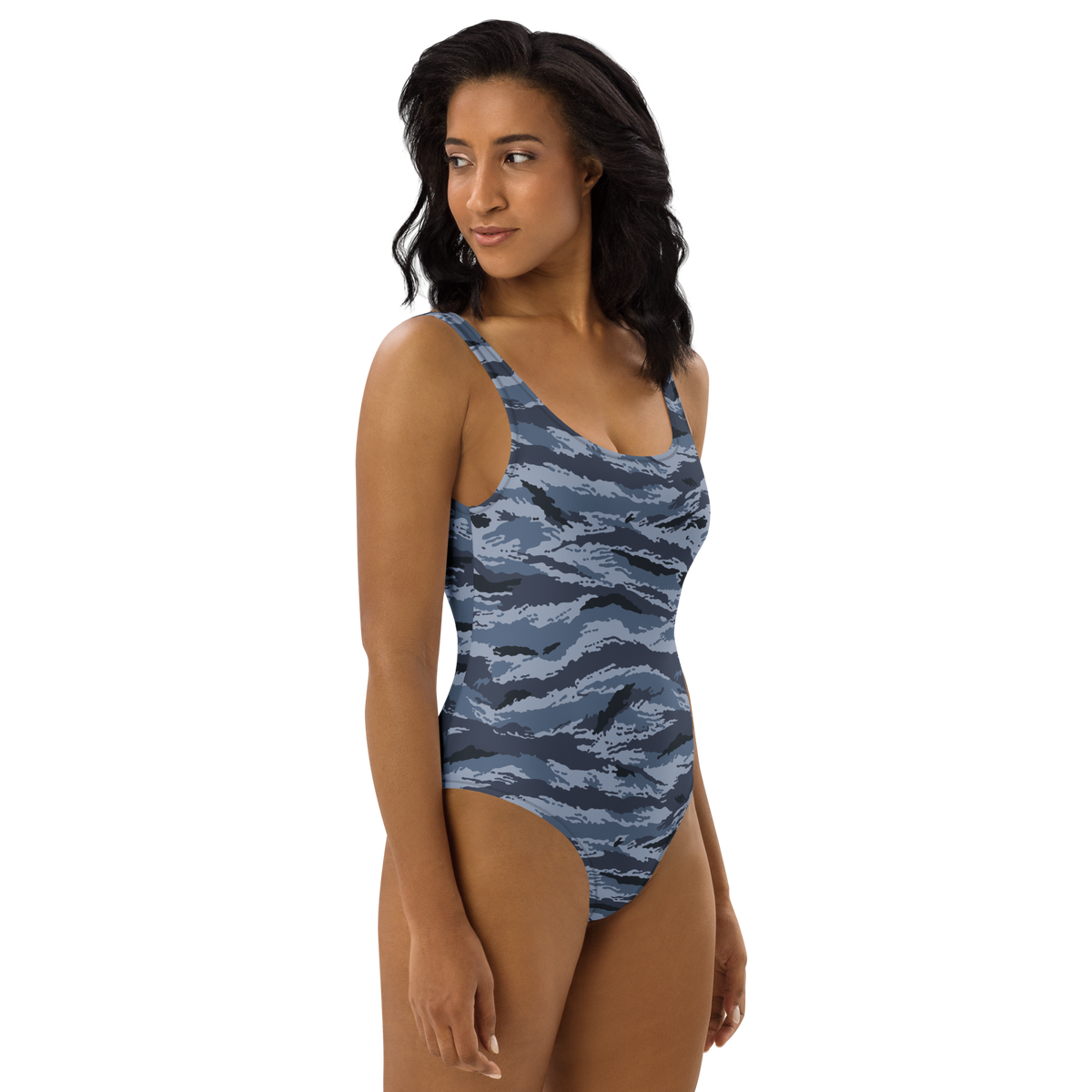 Kamysh Blue Camo One-Piece Swimsuit, right view.