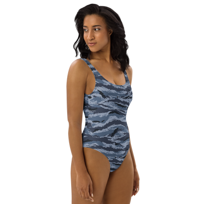 Kamysh Blue Camo One-Piece Swimsuit, right view.