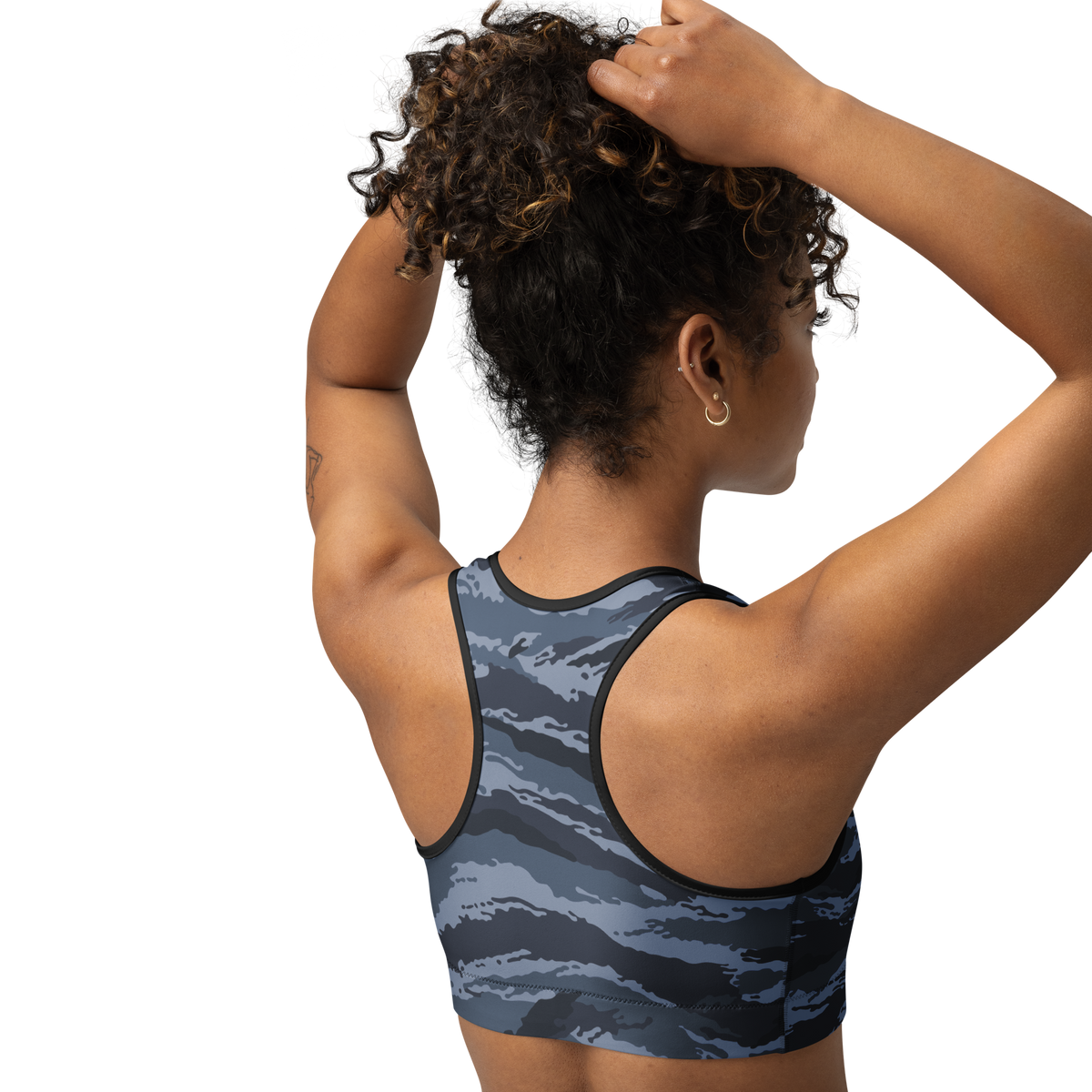 Kamysh Blue Camo Racerback Sports Bra, back view.