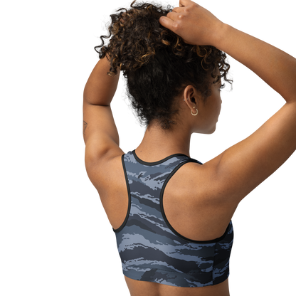 Kamysh Blue Camo Racerback Sports Bra, back view.
