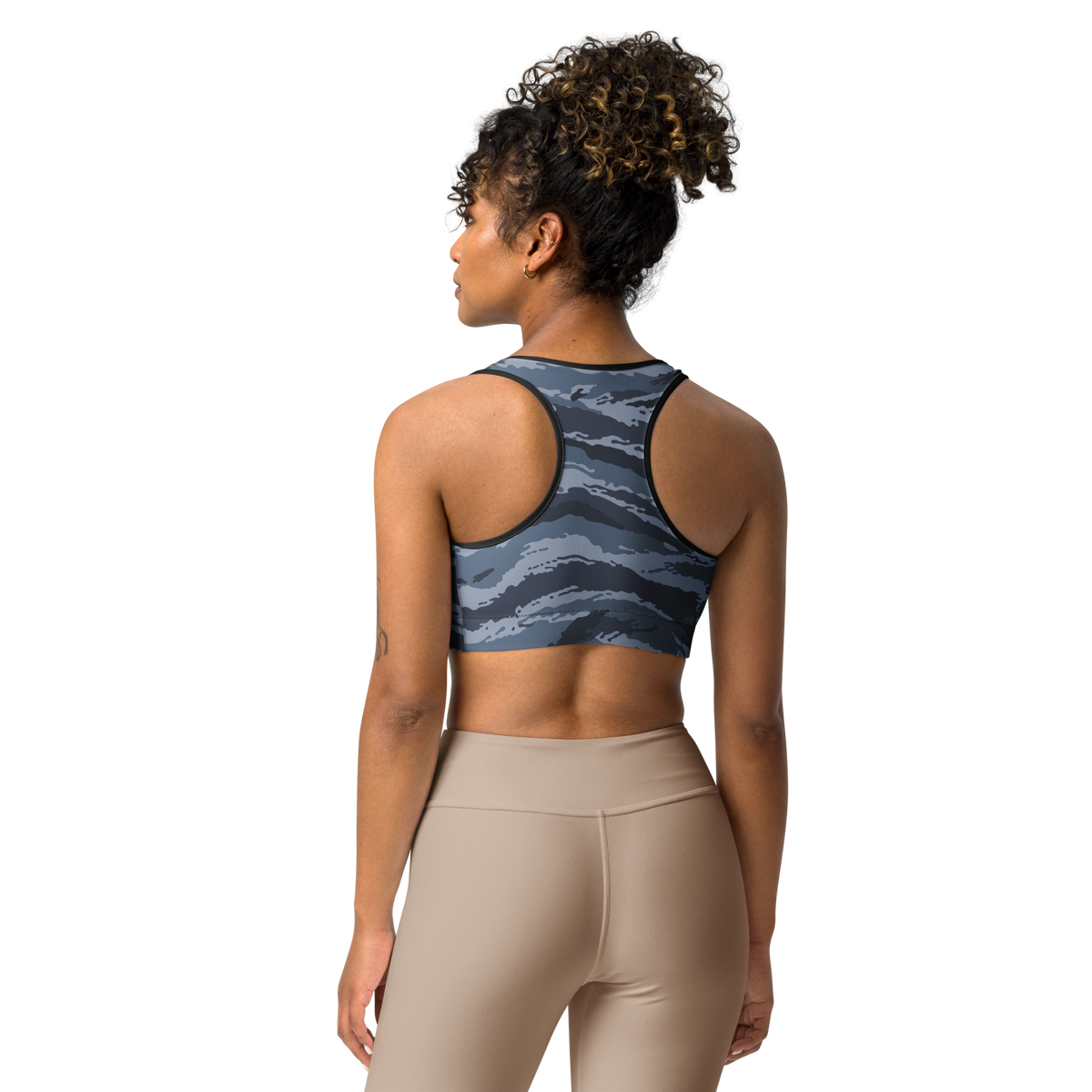 Kamysh Blue Camo Racerback Sports Bra, back view.