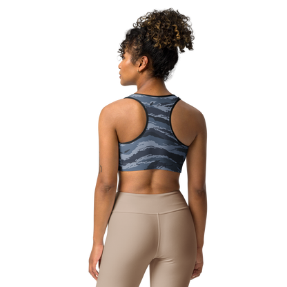 Kamysh Blue Camo Racerback Sports Bra, back view.