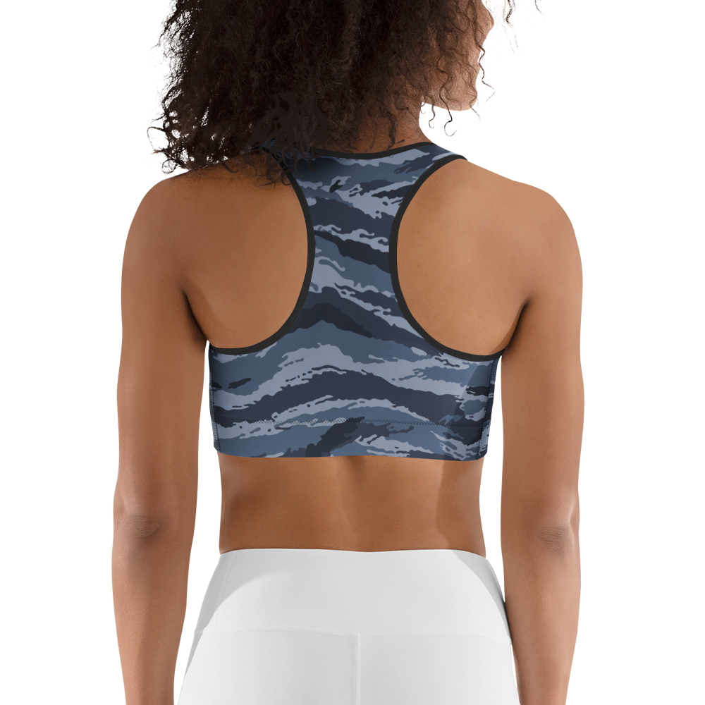 Kamysh Blue Camo Racerback Sports Bra, back view.
