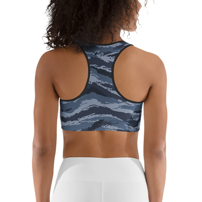 Kamysh Blue Camo Racerback Sports Bra, back view.