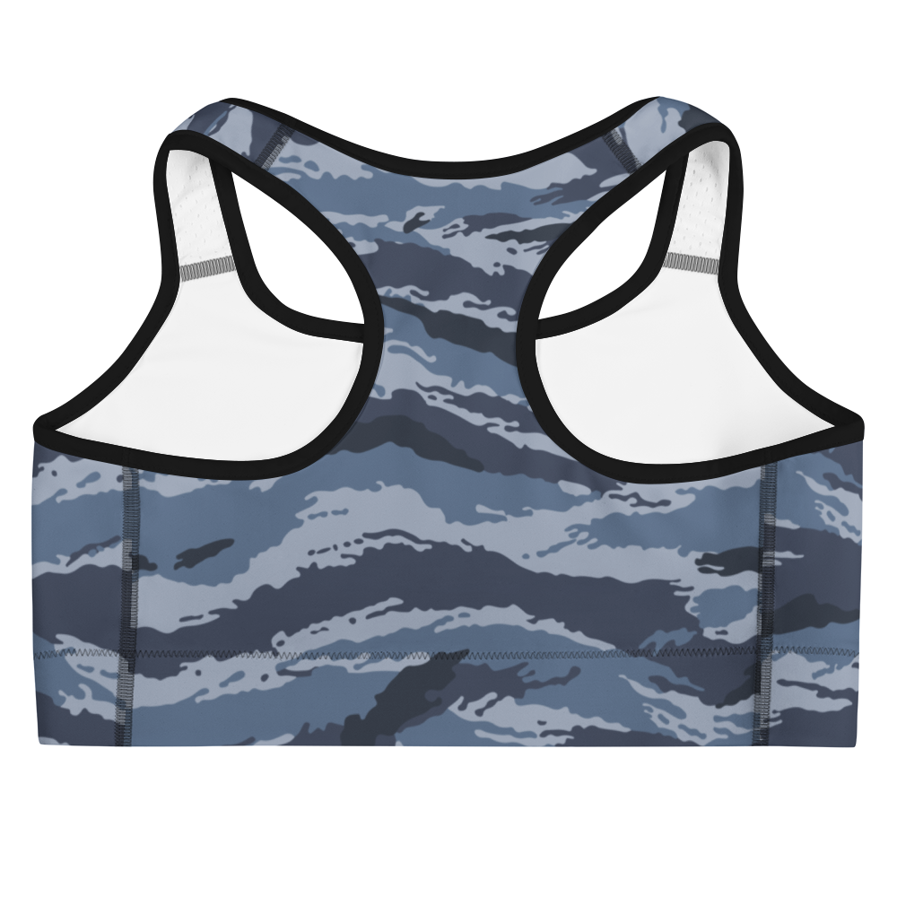 Kamysh Blue Camo Racerback Sports Bra, back view.