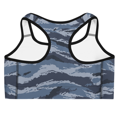 Kamysh Blue Camo Racerback Sports Bra, back view.