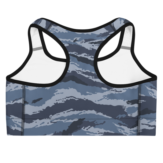 Kamysh Blue Camo Racerback Sports Bra, back view.