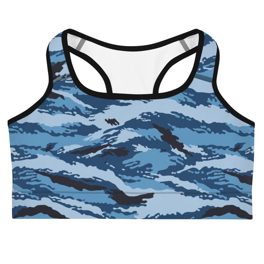 Kamysh Blue Camo Racerback Sports Bra _ Concealing Coloration