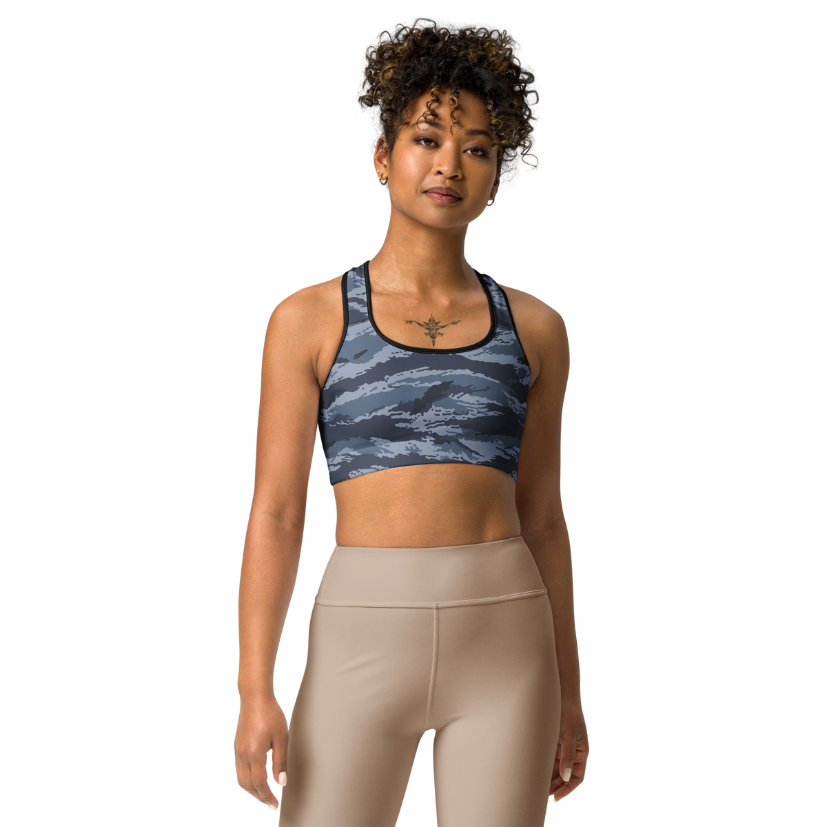 Kamysh Blue Camo Racerback Sports Bra, front view.