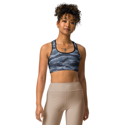 Kamysh Blue Camo Racerback Sports Bra, front view.