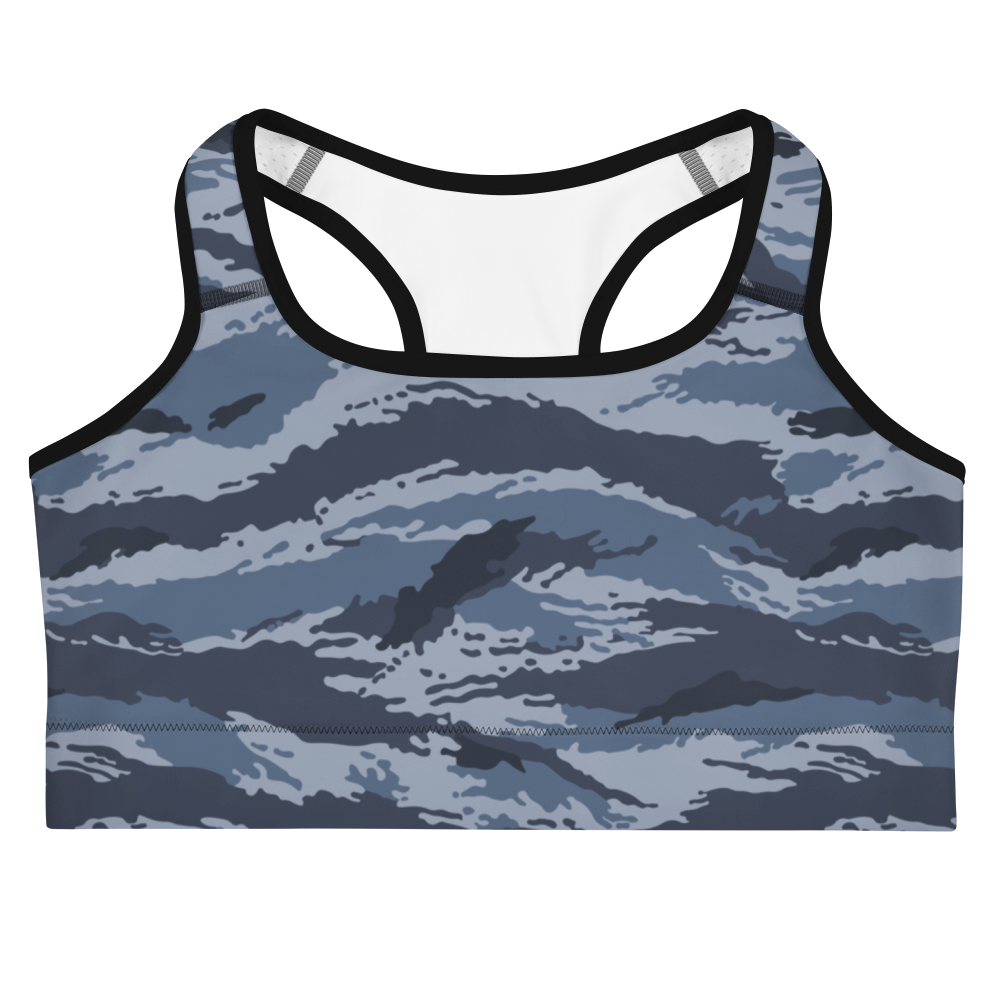 Kamysh Blue Camo Racerback Sports Bra, front view.