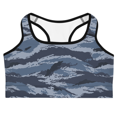 Kamysh Blue Camo Racerback Sports Bra, front view.