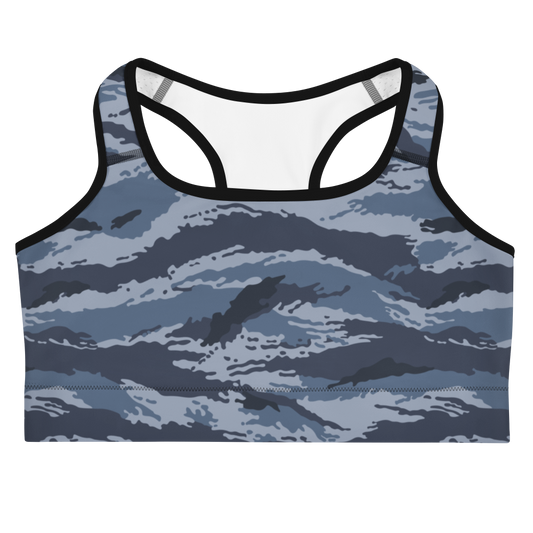 Kamysh Blue Camo Racerback Sports Bra, front view.