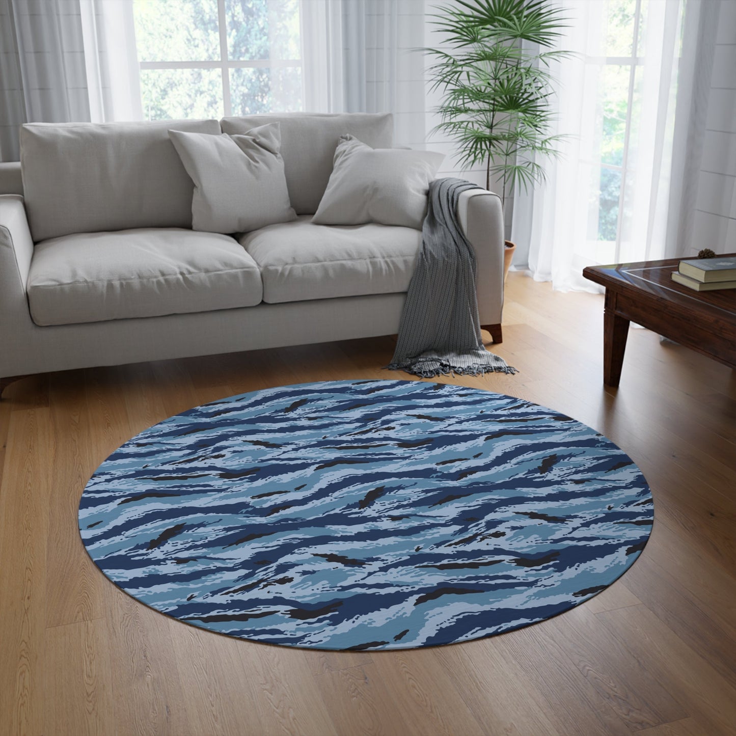 Kamysh Blue Camo Round Rug _ Concealing Coloration.